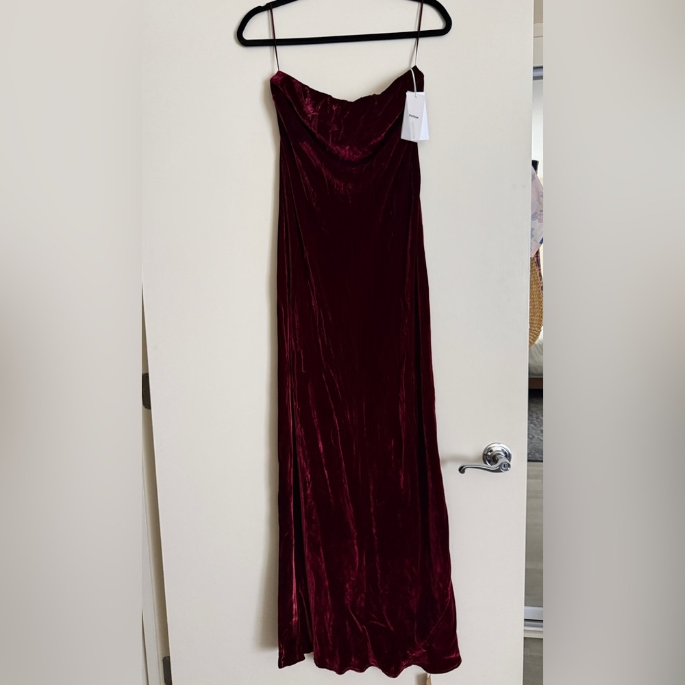 Reformation Strapless Velvet Dress in Deep Red